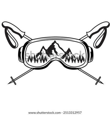 Ski glasses and crossed ski pole vector illustration. Ski Snowboard glasses crossed ski poles with mountains landscape reflection