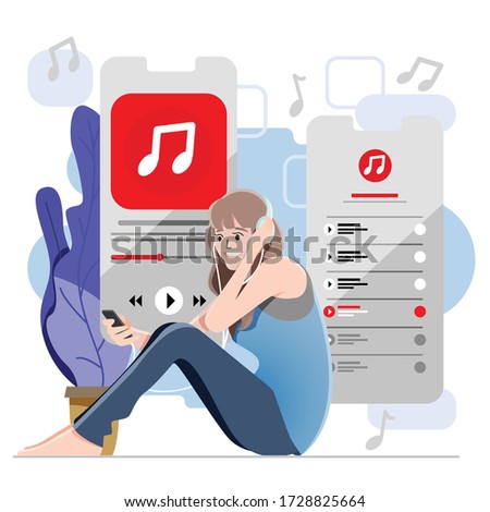 Listening music concept. Music play list. Women listening music with headphone or head set. Vector and illustration.