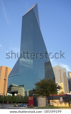 DALLAS, TEXAS - SEPTEMBER 13, 2011: Photo showing a Wells Fargo Bank building in Dallas, Texas against blue evening sky.