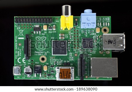 LJUBLJANA, SLOVENIA - APRIL 27, 2013: Photo showing a Raspberry Pi credit card sized single board computer  developed in the UK by the Raspberry Pi Foundation. It uses open source software.