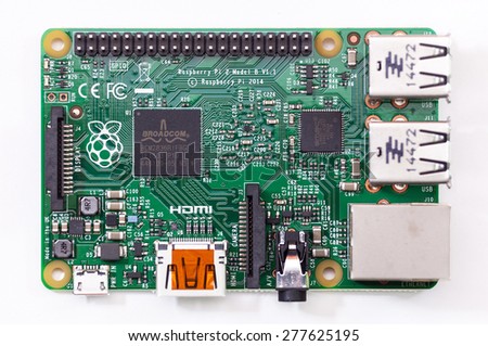 LJUBLJANA, SLOVENIA - MAY 12, 2015: Raspberry Pi Generation 2 Model B was released in February 2015. In addition to Linux variants it runs also Windows 10. It is six times faster than predecessor.