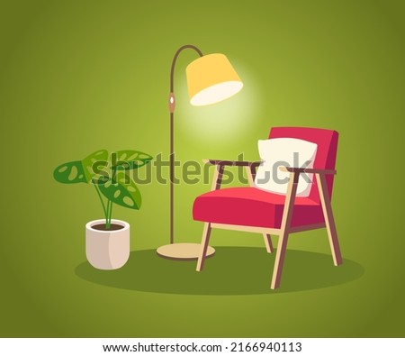 Vintage cozy armchair in dark room and floor lamp. Interior minimalism armchair, included floor lamp, flower on the floor. Illustration of an illuminated living room. Home furniture