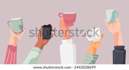 Flat cartoon set of Hands Holding Cups of coffee or tea. Holiday vector illustration for postcard, greeting card, party invitation. Funny Lovely Mug. Female and male hands.