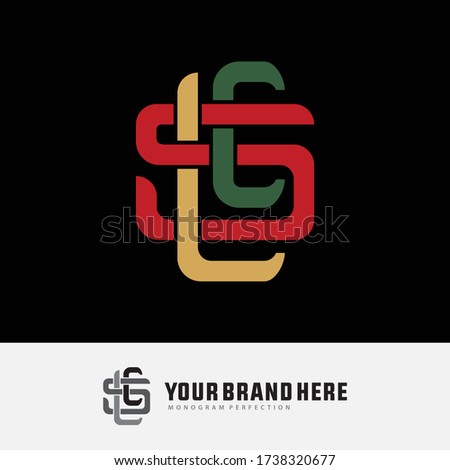 Initial letter L, S, C, LSC, LCS, SCL, SLC, CSL or CLS overlapping, interlock, monogram logo, red, green and yellow color on black background