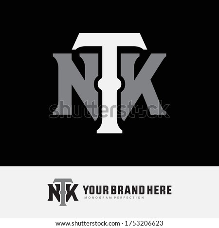 Initial letter TNK, TKN, KTN, KNT, NKT or NTK overlapping, interlock, monogram logo, white and gray color on black background
