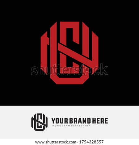 Initial letter UCN, UNC, CUN, CNU, NUC or NCU overlapping, interlock, monogram logo, red color on black background
