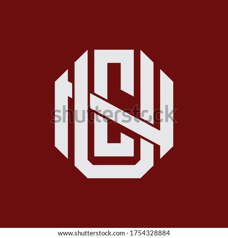 Initial letter UCN, UNC, CUN, CNU, NUC or NCU overlapping, interlock, monogram logo, white color on red background