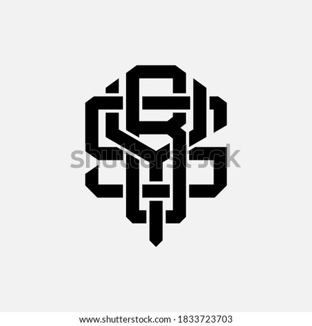 Initial letter Y, B, S, YBS, YSB, BSY, BYS, SYB or SBY overlapping, interlock, monogram logo, black color on white background