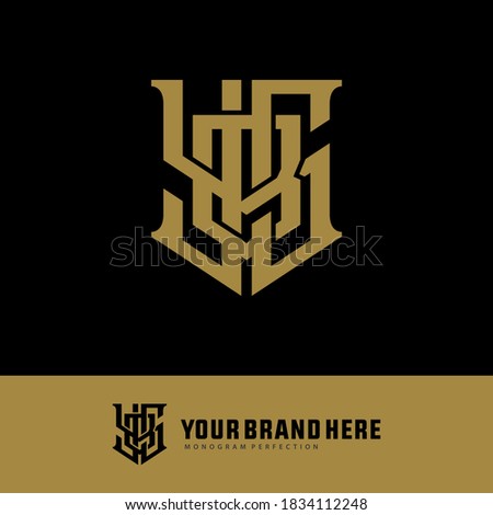 Initial letter Y, B, S, YBS, YSB, BSY, BYS, SYB or SBY overlapping, interlock, monogram logo, gold color on black background