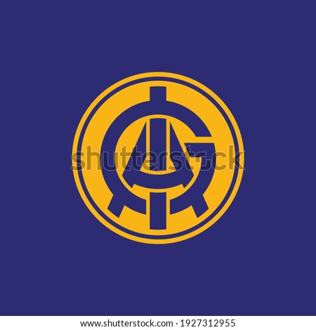 Initial letters G, I, A, GIA, GAI, IGA, IAG, AGI or AIG overlapping, interlock, monogram logo, blue and yellow color on blue background