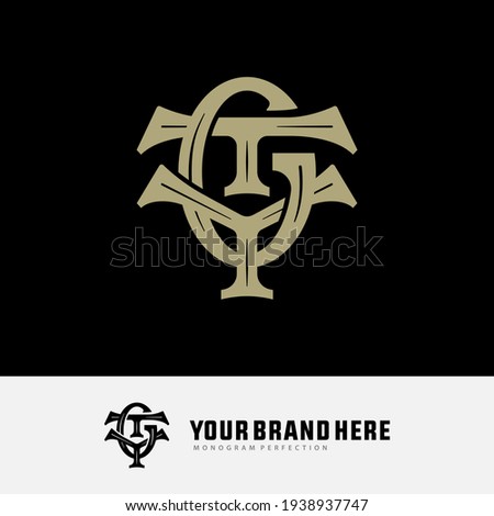 Initial letters T, Y, G, TYG, TGY, YGT, YTG, GTY or GYT overlapping, interlock, monogram logo, cream color on black background