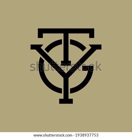 Initial letters T, Y, G, TYG, TGY, YGT, YTG, GTY or GYT overlapping, interlock, monogram logo, black color on cream background
