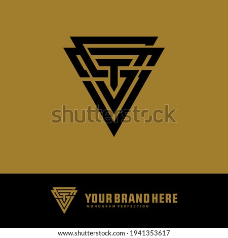 Initial letters S, S, T, ST, TS, SST, STS or TSS overlapping, interlock, monogram logo, black color on gold background