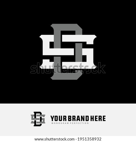 Initial letters S, D, SD or DS overlapping, interlock, monogram logo, white and gray color on black background