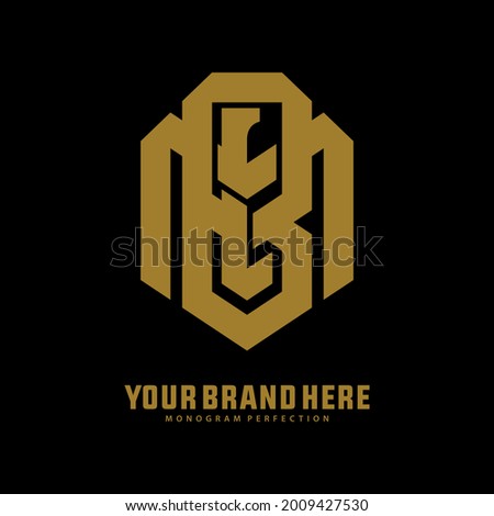 Initial letters B, L, M, BLM, BML, LMB, LBM, MBL or MLB overlapping, interlocked monogram logo, gold color on black background