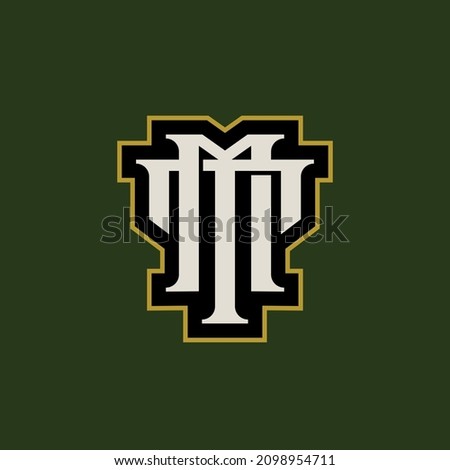 Monogram, Badge logo, Initial letters M, T, MT or TM, Interlock, Modern, Sporty, Black, White and Gold Color on Green Background