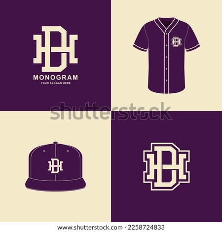 Monogram sport and slab initial DH or HD for football, basketball, baseball, clothing, apparel on t-shirt and snapback mockup design