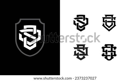 Monogram collection letter JS or SJ with shield, interlock style good for brand, clothing, apparel, streetwear, baseball, basketball, football and etc