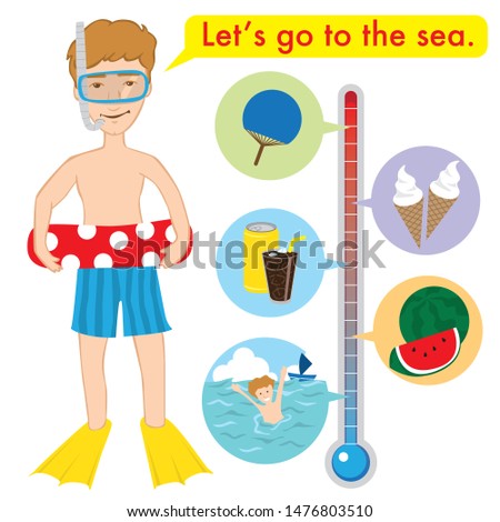 Let's go to the sea. Hot day. Go to the sea is the best. Watermelon, Coca cola, Ice cream and Paper fan. Thermometer for heat weather.