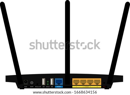 Wi-Fi router back panel with connectors, ports and signs, flat style on a transparent background