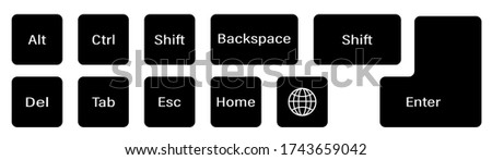set of additional keyboard keys on a white background. Alt, Ctrl, Enter, Backspace, Esc, globe, Shift. Isolated vector
