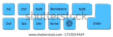 set of additional keyboard keys on a white background. Alt, Ctrl, Enter, Backspace, Esc, globe, Shift drawn in ink and blue colors. Isolated vector