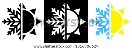 Sun and snowflake. Hot summer and cold winter temperature icon. Snowflake and sun split in half. Isolated vector
