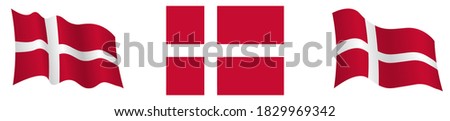 Denmark flag in static position and in motion, developing in wind in exact colors and sizes, on white background