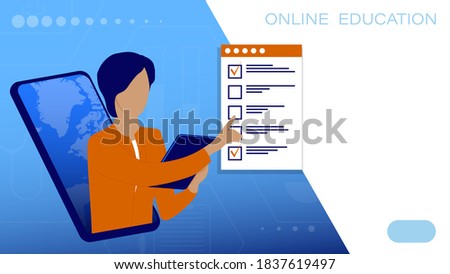 Online education, learning. Teacher conducts lesson online from smartphone. Explains teaching material. Student takes exam using checklist from smartphone on Internet. Vector