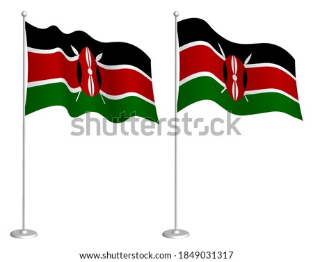 Kenya flag on flagpole waving in wind. Holiday design element. Checkpoint for map symbols. Isolated vector on white background