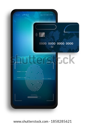 secure payments online with smartphone in online store. Internet payment via mobile phone by credit card. Bank card data scanning. Fingerprint identification concept. Vector