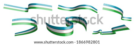 Set of holiday ribbons. Flag of uzbekistan waving in wind. Separation into lower and upper layers. Design element. Vector on white background