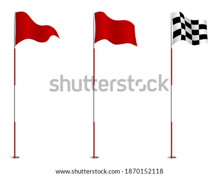 triangular red and finishing golf flag on pole. Golf hole on course marked with red flag. Active lifestyle. Vector isolated on white background