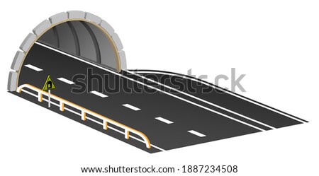 entrance to automobile tunnel with swith parking area and warning sign. Automobile bridge with arched tunnel in mountains. Vector Stock foto © 