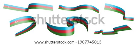 Set of holiday ribbons. Flag of Azerbaijan waving in wind. Separation into lower and upper layers. Design element. Vector on white background