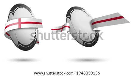 sports rugby ball in ribbons with colors of English flag. Isolated vector on white background