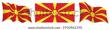 flag of North Macedonia in static position and in motion, fluttering in wind in exact colors and sizes, on white background