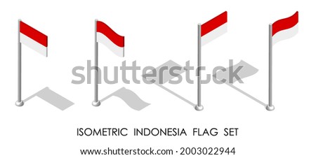 isometric flag of Republic of Indonesia in static position and in motion on flagpole. 3d vector