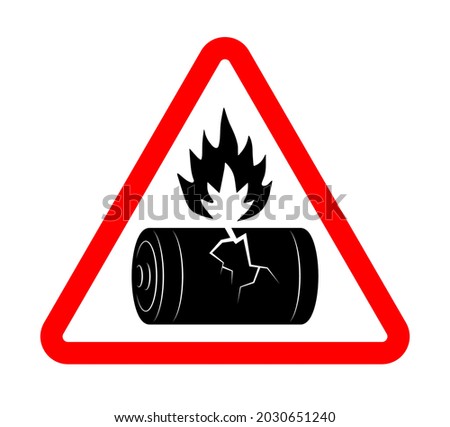damaged broken battery with fire hazard sign. Disposal of flammable batteries. Isolated vector on white background