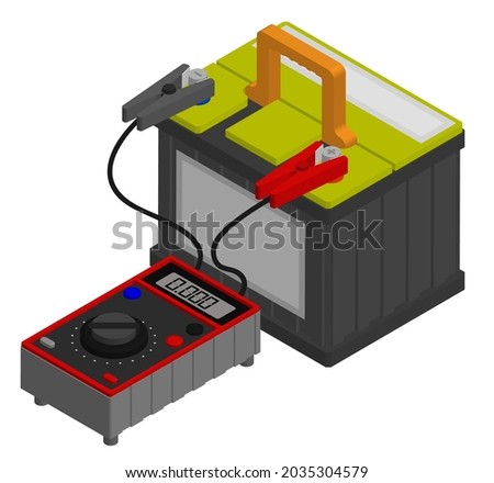 Isometric digital multimeter measures voltage of car battery. Maintaining battery power. Maintenance in car repair shop. Realistic 3D vector isolated on white background