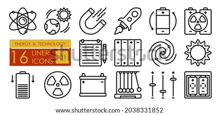Technologies for production and use of energy in industry and science. Atom, magnet, sun, accumulator, battery, regulator, accumulation. Set of simple linear icons