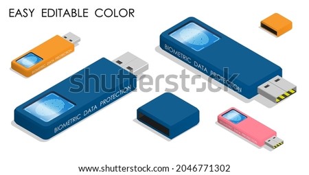 Isometric USB flash drive with digital digital fingerprint scanner. Reliable protection of information from hacking. Realistic 3d vector isolated on white background