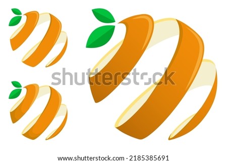 Orange peel emblem twisted into spiral with green leaves. Citrus fruit symbol in abstract form. Vector isolated on white background