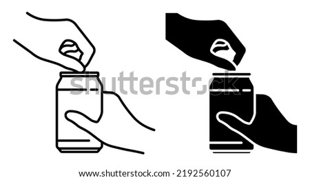 Linear icon, hand opens aluminum can for soft drinks. Storing cocktails and soda in jar. Simple black and white vector isolated on white background