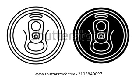 Linear icon, aluminum soda can top view. Metal beer can with key to open from high angle. Simple black and white vector isolated on white background