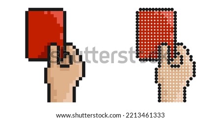 Pixel icon. Sports referee hand showing card for player breaking rules. Sports team game of soccer, football. Simple retro game vector isolated on white background