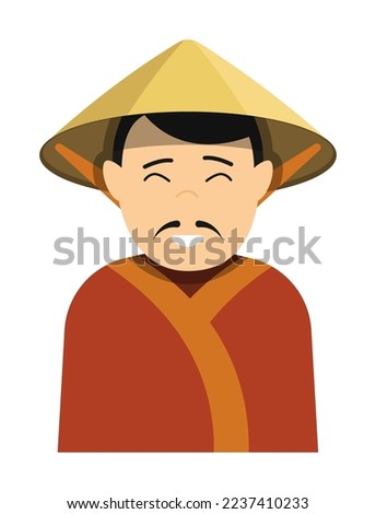 Japanese merchant with small black mustache in national straw hat. Ancient man in festive traditional dress. Cartoon character. Vector isolated on white background