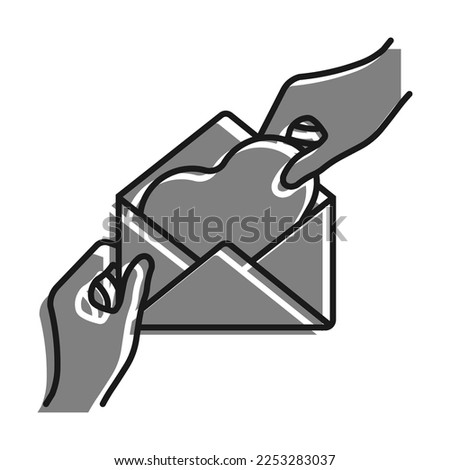 Linear filled with gray color icon. Hands Hold Envelope With Heart Shaped Greeting Card For Holiday On Valentine Day. Simple black and white vector Isolated On white background