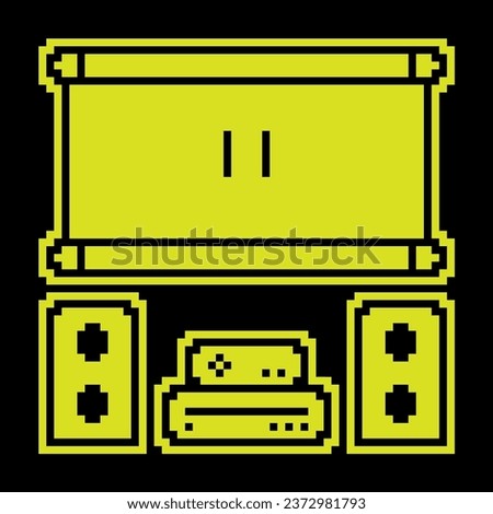 Pixel silhouette icon. Home theater with speakers and projector screen. Premium home cinema equipment. Simple black and yellow vector isolated