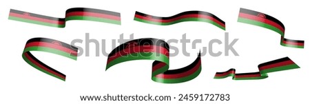 Set of holiday ribbons. Malawi flag waving in wind. Separation into lower and upper layers. Design element. Vector on white background